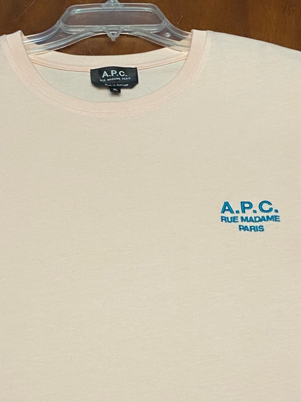 A.P.C. Short-Sleeve Crewneck T-Shirt in Pale Peach / Pink with Small Blue Logo - Picture 9 of 9